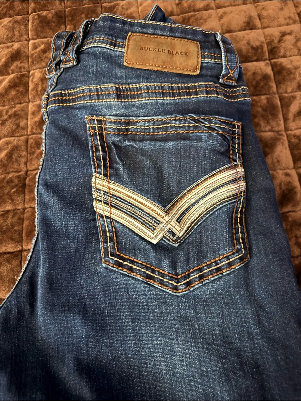 Buckle Dark Blue Bootcut Jeans with Chevron Embroidered Pocket
